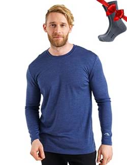 100% Merino Unterwäsche Herren - Merino Langarmshirt Herren Atmungsaktiv Und Feuchtigkeitsableitend + Wollsocken (165 Indigo Night, Medium) von Merino.tech