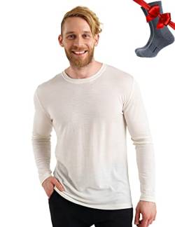 100% Merino Unterwäsche Herren - Merino Langarmshirt Herren Atmungsaktiv Und Feuchtigkeitsableitend + Wollsocken (165 Off White, X-Large) von Merino.tech