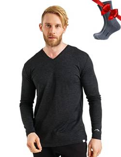 100% Merino Unterwäsche Herren - Merino Langarmshirt Herren Atmungsaktiv Und Feuchtigkeitsableitend + Wollsocken (165 V-Neck Charcoal Grey, Large) von Merino.tech