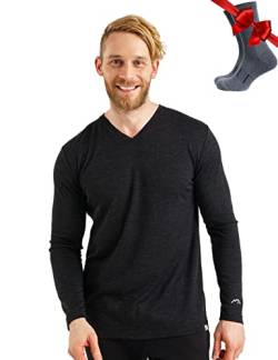 100% Merino Unterwäsche Herren - Merino Langarmshirt Herren Atmungsaktiv Und Feuchtigkeitsableitend + Wollsocken (165 V-Neck Heathered Black, Large) von Merino.tech