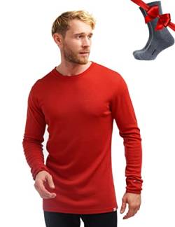 100% Merino Unterwäsche Herren - Merino Langarmshirt Herren Atmungsaktiv Und Feuchtigkeitsableitend + Wollsocken (250 Cherry Red, Small) von Merino.tech