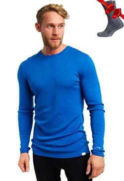 100% Merino Unterwäsche Herren - Merino Langarmshirt Herren Atmungsaktiv Und Feuchtigkeitsableitend + Wollsocken (250 Cobalt Blue, Large) von Merino.tech