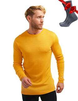 100% Merino Unterwäsche Herren - Merino Langarmshirt Herren Atmungsaktiv Und Feuchtigkeitsableitend + Wollsocken (250 Mango Tango, Medium) von Merino.tech