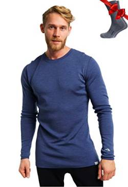 100% Merino Unterwäsche Herren - Merino Langarmshirt Herren Atmungsaktiv Und Feuchtigkeitsableitend + Wollsocken (250 Windsor Blue, Medium) von Merino.tech