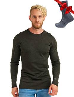 100% Merino Unterwäsche Herren - Merino Langarmshirt Herren Atmungsaktiv Und Feuchtigkeitsableitend + Wollsocken (320 Army Green, Medium) von Merino.tech