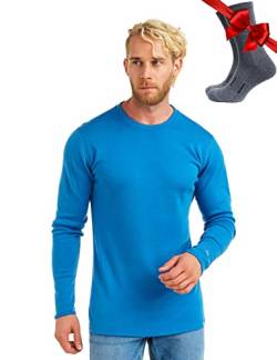 100% Merino Unterwäsche Herren - Merino Langarmshirt Herren Atmungsaktiv Und Feuchtigkeitsableitend + Wollsocken (320 Ocean Blue, X-Large) von Merino.tech