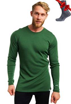 100% Merino Unterwäsche Herren - Merino Langarmshirt Herren Atmungsaktiv Und Feuchtigkeitsableitend + Wollsocken (Olive 250, Medium) von Merino.tech