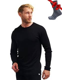 100% Merino Unterwäsche Herren - Merino Langarmshirt Herren Atmungsaktiv Und Feuchtigkeitsableitend Mittel + Wollsocken (3X-Large, Black 250) von Merino.tech