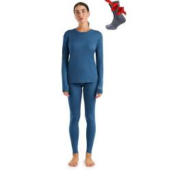 Merino.tech 100% Merino Unterwäsche Damen Set - Leicht Funktionsunterwäsche Merinowolle, Langarm Shirt und Hose + Wandersocken aus Merinowolle (Small, 165 LITE Denim Blue) von Merino.tech