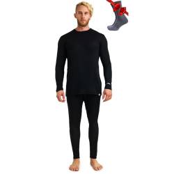 Merino.tech 100% Merino Unterwäsche Herren Set - Leicht Thermounterwäsche Merinowolle, Langarm Shirt und Hose + Wandersocken aus Merinowolle (XX-Large, 165 LITE Black) von Merino.tech