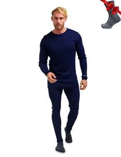 Merino.tech 100% Merino Unterwäsche Herren Set - Mittelgewicht Thermounterwäsche Merinowolle, Langarm Shirt und Hose + Wandersocken aus Merinowolle (Small, 250 Navy) von Merino.tech