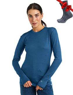 Merino.tech Merino Shirt Damen Langarm - Premium 100% Merino Unterwäsche Damen Leichte + Wollsocken (Large, 165 Denim Blue) von Merino.tech