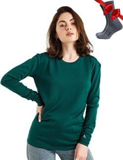 Merino.tech Merino Shirt Damen Langarm - Premium 100% Merino Unterwäsche Damen Leichte + Wollsocken (Large, 165 Forest Green) von Merino.tech