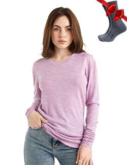 Merino.tech Merino Shirt Damen Langarm - Premium 100% Merino Unterwäsche Damen Leichte + Wollsocken (Large, 165 Heather Lilac) von Merino.tech