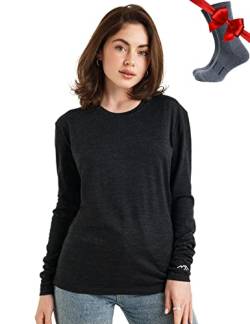 Merino.tech Merino Shirt Damen Langarm - Premium 100% Merino Unterwäsche Damen Leichte + Wollsocken (Large, 165 Heathered Black) von Merino.tech