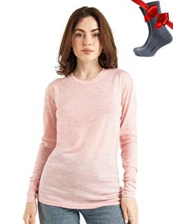 Merino.tech Merino Shirt Damen Langarm - Premium 100% Merino Unterwäsche Damen Leichte + Wollsocken (Medium, 165 Pink Heather) von Merino.tech