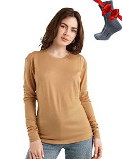 Merino.tech Merino Shirt Damen Langarm - Premium 100% Merino Unterwäsche Damen Leichte + Wollsocken (Small, 165 Camel) von Merino.tech