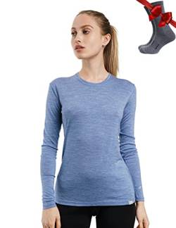 Merino.tech Merino Shirt Damen Langarm - Premium 100% Merino Unterwäsche Damen Leichte + Wollsocken (Small, 165 Deep Blue) von Merino.tech