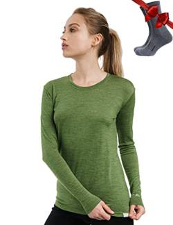 Merino.tech Merino Shirt Damen Langarm - Premium 100% Merino Unterwäsche Damen Leichte + Wollsocken (Small, 165 Green Olive) von Merino.tech