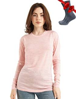 Merino.tech Merino Shirt Damen Langarm - Premium 100% Merino Unterwäsche Damen Leichte + Wollsocken (Small, 165 Pink Heather) von Merino.tech