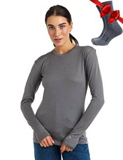 Merino.tech Merino Shirt Damen Langarm - Premium 100% Merino Unterwäsche Damen Leichte + Wollsocken (X-Large, 165 Perfect Grey) von Merino.tech