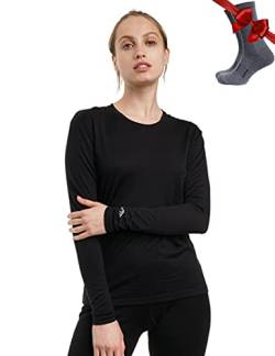 Merino.tech Merino Shirt Damen Langarm - Premium 100% Merino Unterwäsche Damen Leichte + Wollsocken (X-Small, 165 Black) von Merino.tech