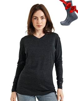 Merino.tech Merino Shirt Damen Langarm - Premium 100% Merino Unterwäsche Damen Leichte V-Ausschnitt + Wollsocken (Medium, 165 V-Neck Charcoal) von Merino.tech