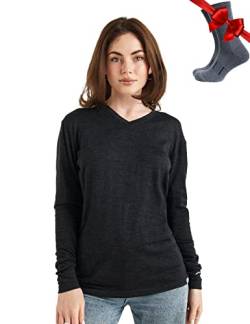 Merino.tech Merino Shirt Damen Langarm - Premium 100% Merino Unterwäsche Damen Leichte V-Ausschnitt + Wollsocken (Medium, 165 V-Neck Heathered Black) von Merino.tech