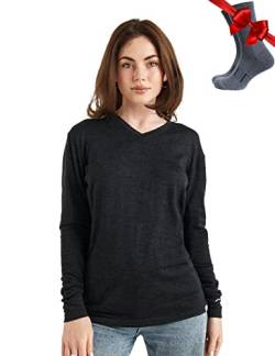 Merino.tech Merino Shirt Damen Langarm - Premium 100% Merino Unterwäsche Damen Leichte V-Ausschnitt + Wollsocken (X-Small, 165 V-Neck Heathered Black) von Merino.tech