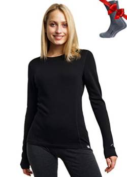 Merino.tech Merino Shirt Damen Langarm - Premium 100% Merino Unterwäsche Damen Mittel + Wollsocken (Large, Black 250) von Merino.tech