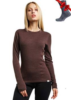 Merino.tech Merino Shirt Damen Langarm - Premium 100% Merino Unterwäsche Damen Mittel + Wollsocken (Large, Chocolate 250) von Merino.tech