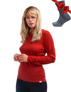 Merino.tech Merino Shirt Damen Langarm - Premium 100% Merino Unterwäsche Damen Mittel + Wollsocken (X-Large, 250 Cherry Red) von Merino.tech