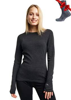 Merino.tech Merino Shirt Damen Langarm - Premium 100% Merino Unterwäsche Damen Mittel + Wollsocken (X-Large, Charcoal Grey 250) von Merino.tech