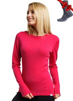 Merino.tech Merino Shirt Damen Langarm - Premium 100% Merino Unterwäsche Damen Mittel + Wollsocken (X-Small, Magenta 250) von Merino.tech