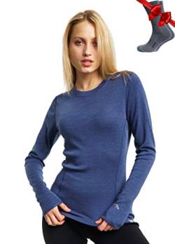 Merino.tech Merino Shirt Damen Langarm - Premium 100% Merino Unterwäsche Damen Mittel + Wollsocken (X-Small, Windsor Blue 250) von Merino.tech