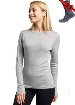 Merino.tech Merino Shirt Damen Langarm - Premium 100% Merino Unterwäsche Damen Mittel + Wollsocken (XX-Large, Gray Heather 250) von Merino.tech