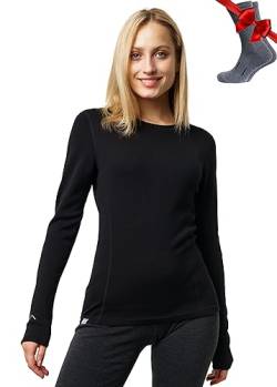 Merino.tech Merino Shirt Damen Langarm - Premium 100% Merino Unterwäsche Damen Schwere + Wollsocken (Medium, 320 Black) von Merino.tech