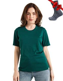 Merino.tech Merinowolle T-Shirt Damen - 100% Merinowolle Leichte Basisschicht Damen Kurzarm T-Shirt + Merinowolle Wandersocken (Large, Forest Green Crewneck) von Merino.tech