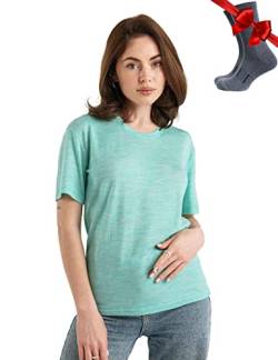 Merino.tech Merinowolle T-Shirt Damen - 100% Merinowolle Leichte Basisschicht Damen Kurzarm T-Shirt + Merinowolle Wandersocken (Small, Mermaid Green Crewneck) von Merino.tech