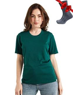 Merino.tech Merinowolle T-Shirt Damen - 100% Merinowolle Leichte Basisschicht Damen Kurzarm T-Shirt + Merinowolle Wandersocken (X-Large, Forest Green Crewneck) von Merino.tech