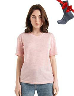 Merino.tech Merinowolle T-Shirt Damen - 100% Merinowolle Leichte Basisschicht Damen Kurzarm T-Shirt + Merinowolle Wandersocken (X-Large, Pink Heather Crewneck) von Merino.tech