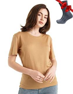 Merino.tech Merinowolle T-Shirt Damen - 100% Merinowolle Leichte Basisschicht Damen Kurzarm T-Shirt + Merinowolle Wandersocken (X-Small, Camel Crewneck) von Merino.tech