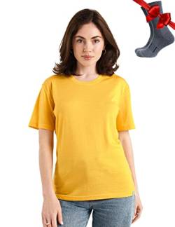 Merino.tech Merinowolle T-Shirt Damen - 100% Merinowolle Leichte Basisschicht Damen Kurzarm T-Shirt + Merinowolle Wandersocken (X-Small, Gold Crewneck) von Merino.tech