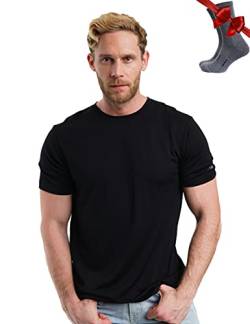 Premium Merino Shirt Herren Kurzarm - Atmungsaktiv 100% Merinowolle Tshirt Herren + Wanderwollsocken (Medium, Black Ink) von Merino.tech