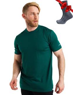 Premium Merino Shirt Herren Kurzarm - Atmungsaktiv 100% Merinowolle Tshirt Herren + Wanderwollsocken (Medium, Emerald Green) von Merino.tech