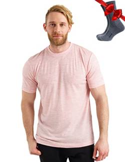 Premium Merino Shirt Herren Kurzarm - Atmungsaktiv 100% Merinowolle Tshirt Herren + Wanderwollsocken (Medium, Flamingo) von Merino.tech