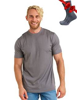 Premium Merino Shirt Herren Kurzarm - Atmungsaktiv 100% Merinowolle Tshirt Herren + Wanderwollsocken (Medium, Perfect Gray) von Merino.tech