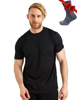 Premium Merino Shirt Herren Kurzarm - Atmungsaktiv 100% Merinowolle Tshirt Herren + Wanderwollsocken (Melange Black, Medium) von Merino.tech