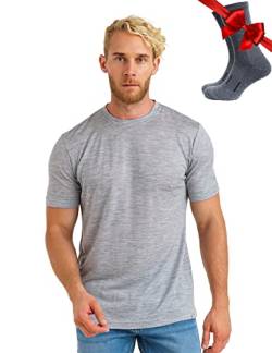 Premium Merino Shirt Herren Kurzarm - Atmungsaktiv 100% Merinowolle Tshirt Herren + Wanderwollsocken (Small, Melange Grey) von Merino.tech