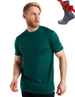 Premium Merino Shirt Herren Kurzarm - Atmungsaktiv 100% Merinowolle Tshirt Herren + Wanderwollsocken (XX-Large, Emerald Green) von Merino.tech